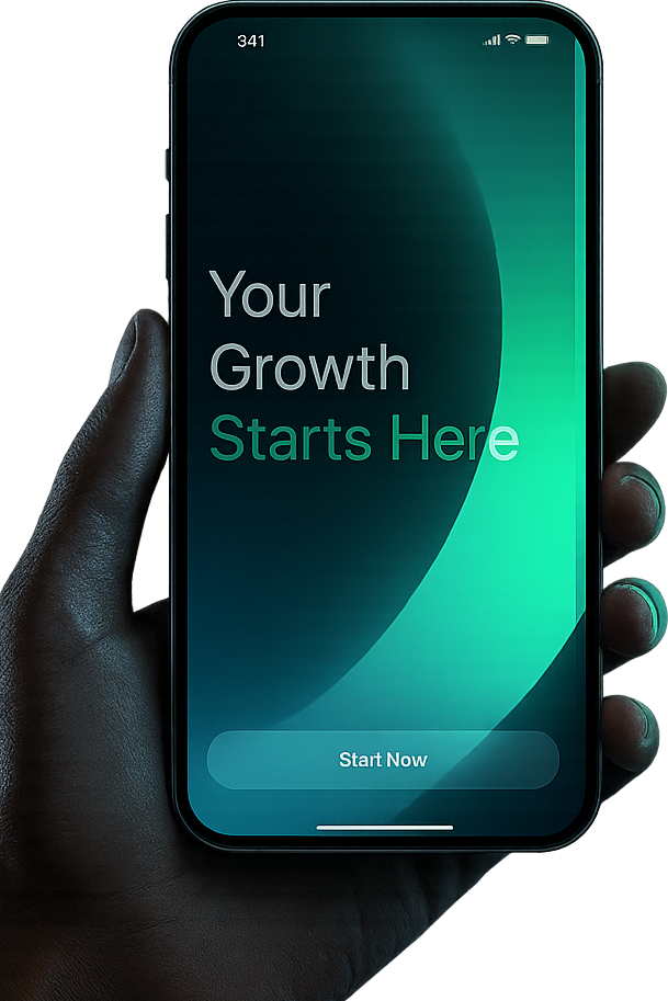Hand holding phone with Your Growth Starts Here