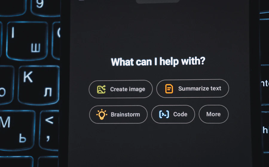 An AI assistant screen offering to summarize text, write code, and brainstorm