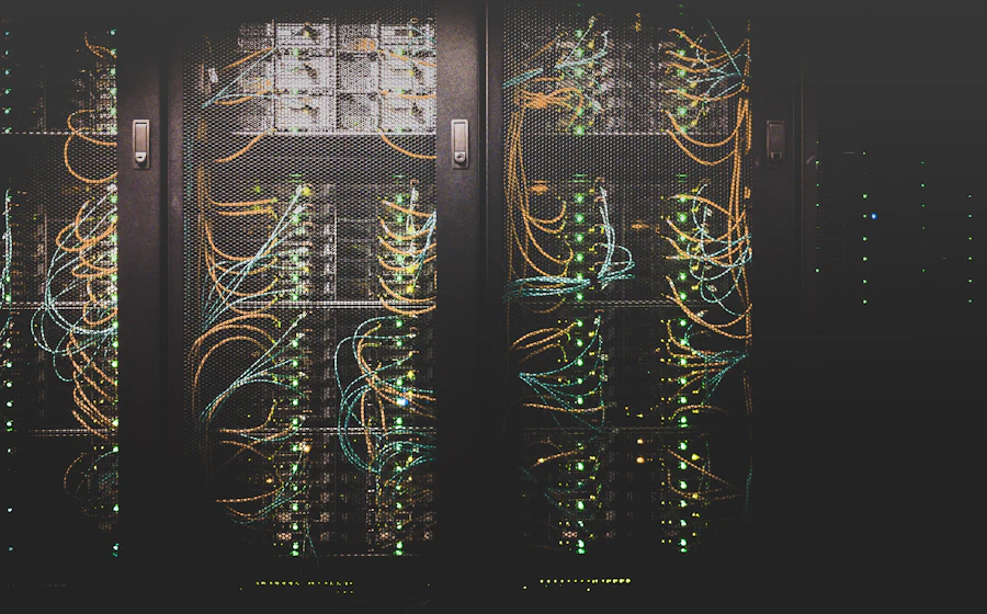 Network cables connected to servers in a data center rack
